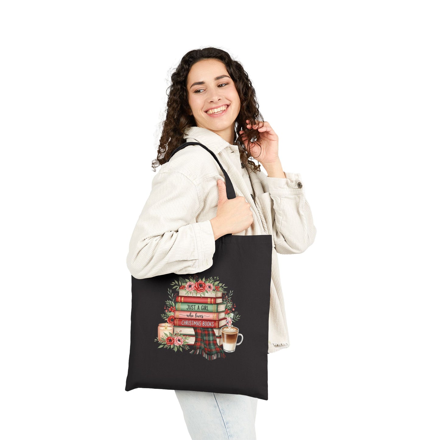 Just a Girl Who Loves Christmas Books Tote Bag | Holiday Book Lover Gift | Cozy Winter Reading Bag | Festive Literary Tote with Flowers, Candle & Coffee Design