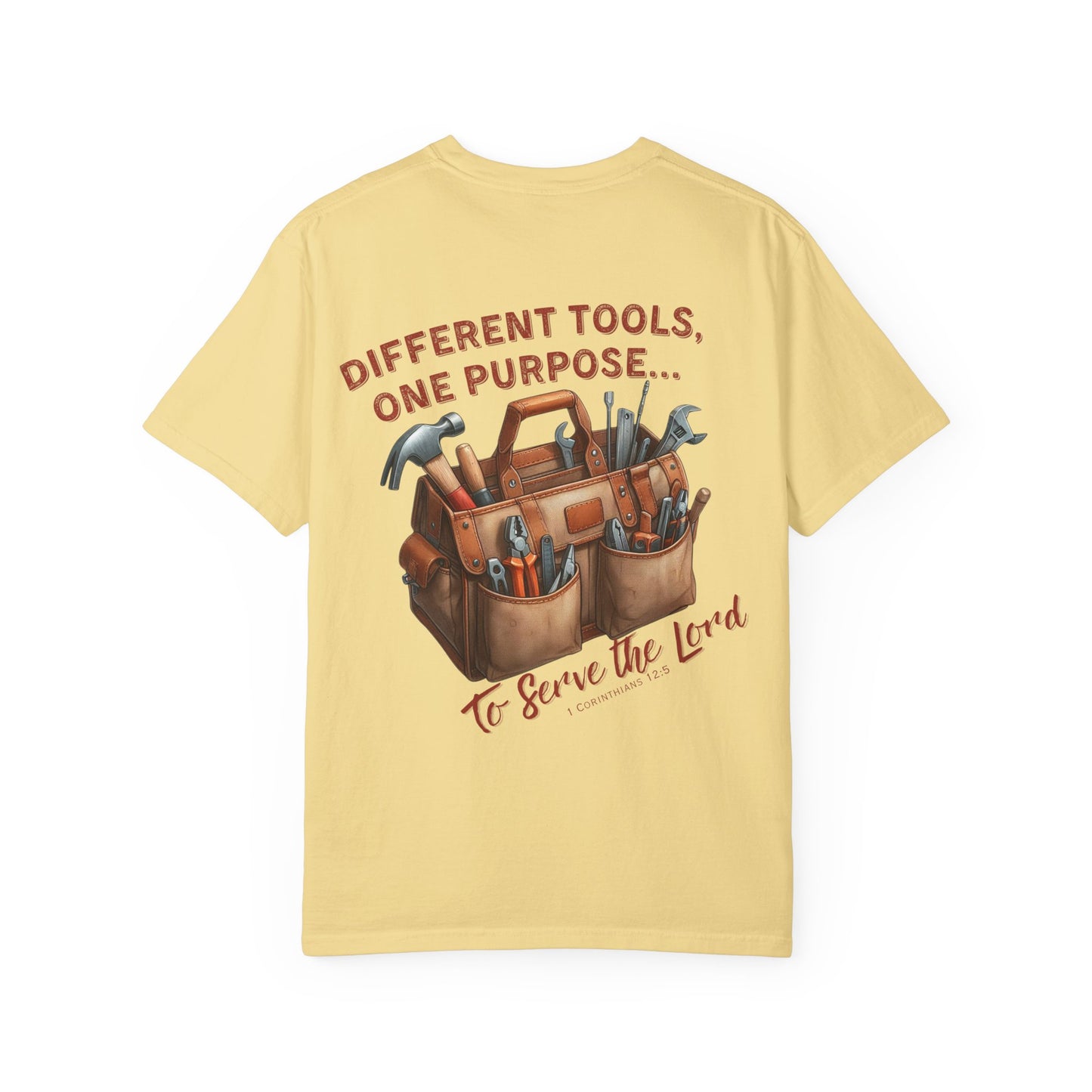 Comfort Colors Christian T-Shirt – “Different Tools, One Purpose” Bible Verse Tee (1 Corinthians 12:5)