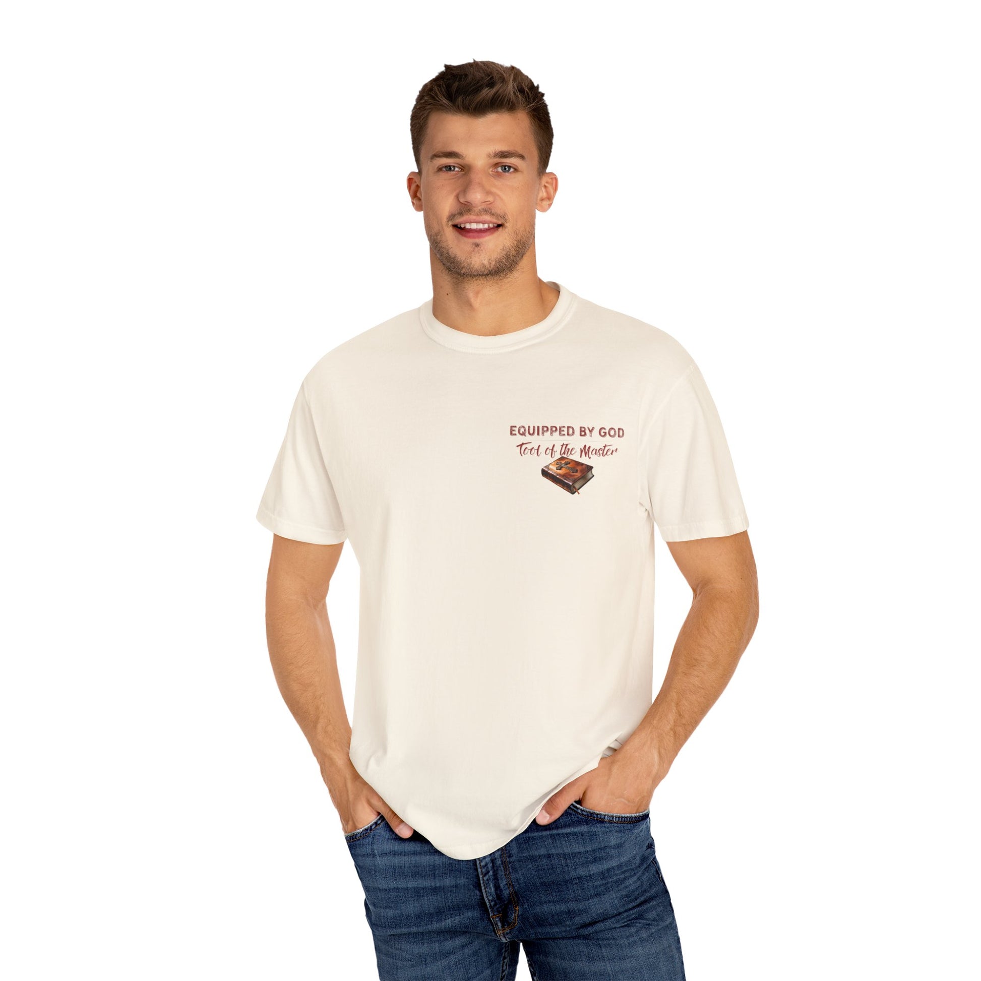 Christian T-Shirt with Equipped by God and Different Tools One Purpose scripture designs