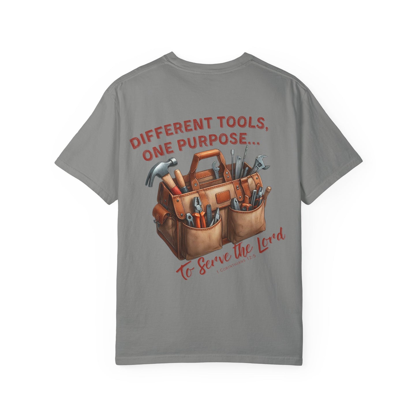 Comfort Colors Christian T-Shirt – “Different Tools, One Purpose” Bible Verse Tee (1 Corinthians 12:5)