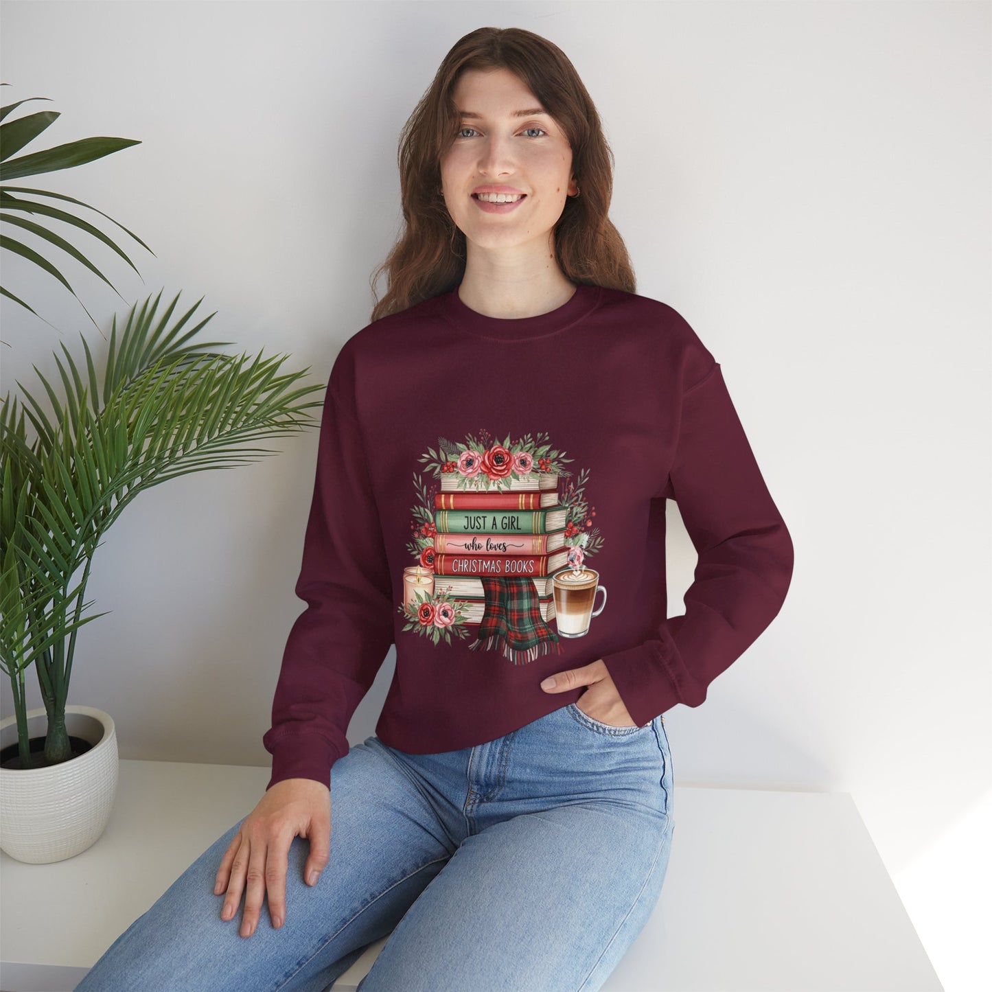 Just a Girl Who Loves Christmas Books Sweatshirt | Cozy Holiday Reading Gift | Book Lover Christmas Sweater | Gildan Unisex Crewneck