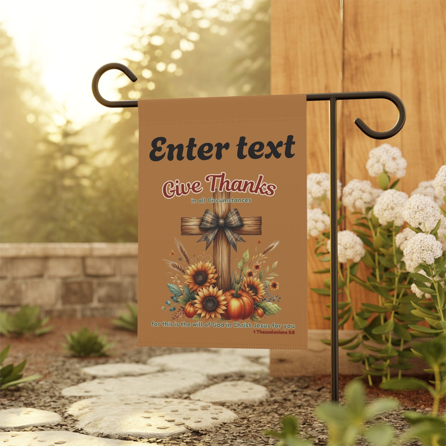 Personalized Christian Fall Garden Flag – Double Sided “Give Thanks” Scripture Flag with Cross, Sunflowers & Pumpkins (Custom Name Option)
