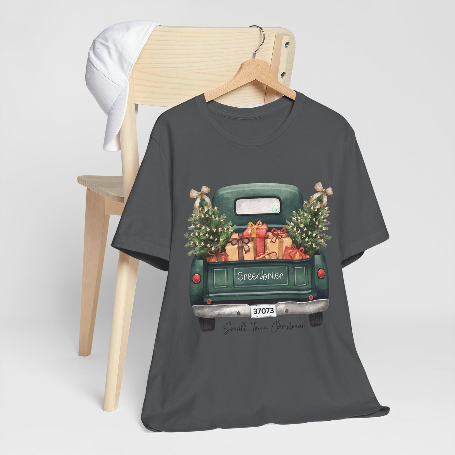 Small Town Christmas T-Shirt – Vintage Green Truck with Gifts & Trees | Personalized Bella Canvas Unisex Tee