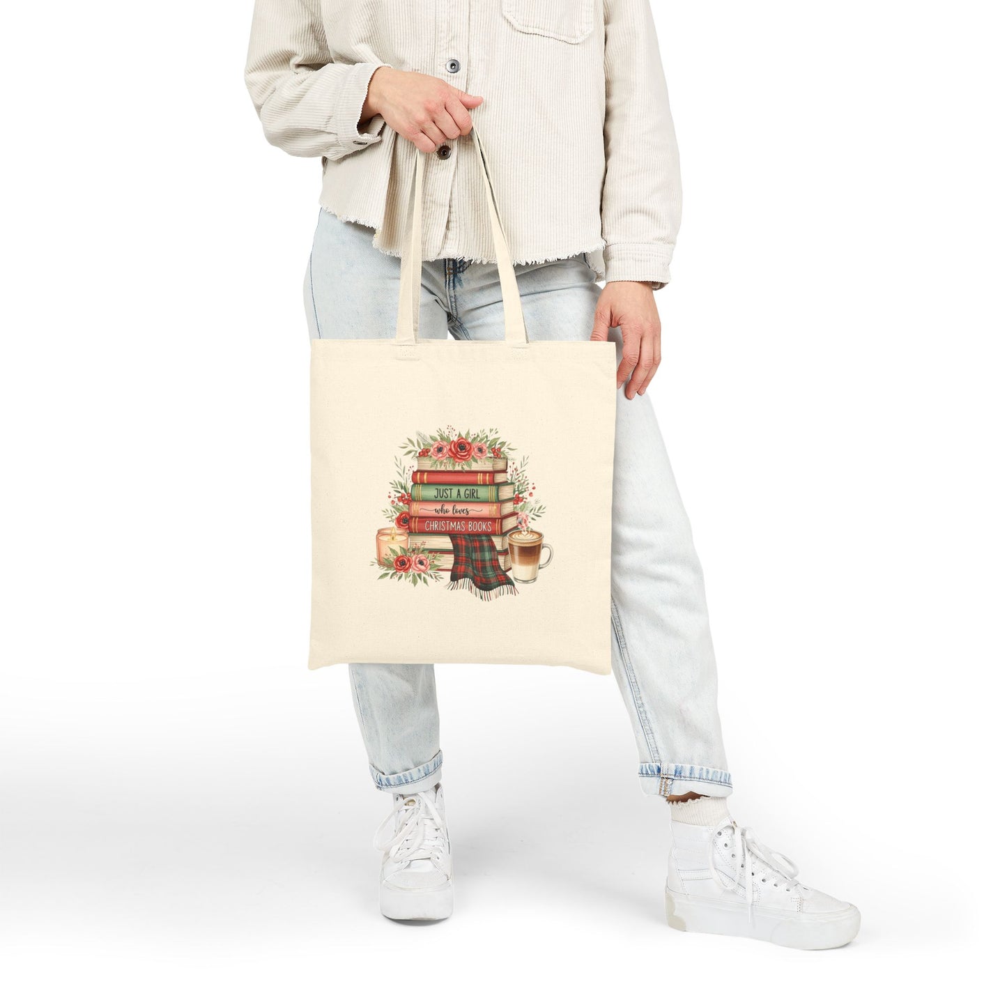 Just a Girl Who Loves Christmas Books Tote Bag | Holiday Book Lover Gift | Cozy Winter Reading Bag | Festive Literary Tote with Flowers, Candle & Coffee Design