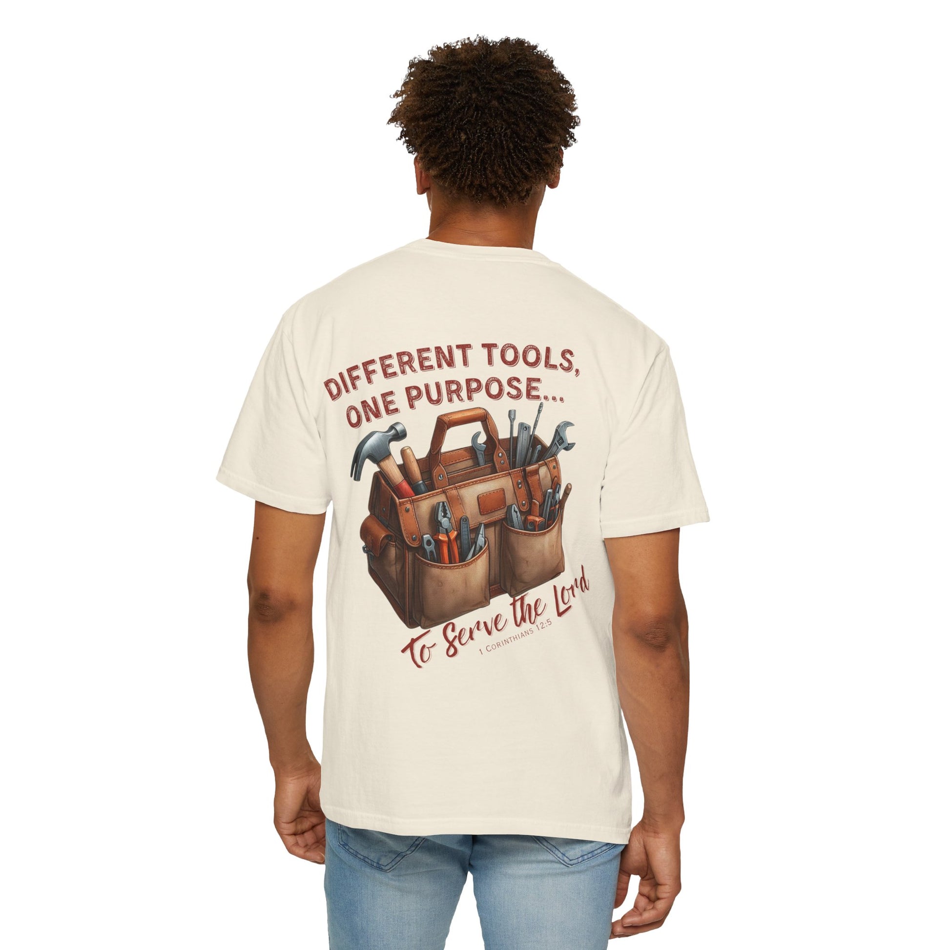 Christian T-Shirt with Equipped by God and Different Tools One Purpose scripture designs