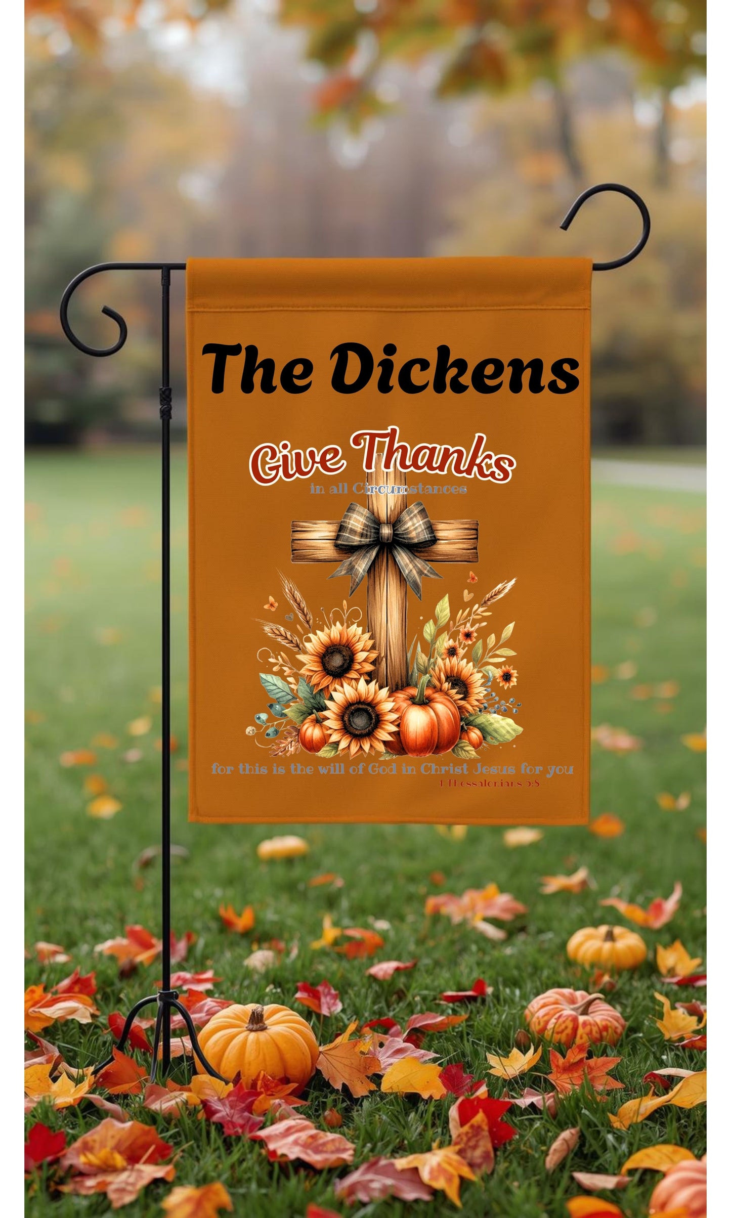 Personalized Christian Fall Garden Flag – Double Sided “Give Thanks” Scripture Flag with Cross, Sunflowers & Pumpkins (Custom Name Option)