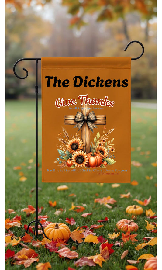 Personalized Christian Fall Garden Flag – Double Sided “Give Thanks” Scripture Flag with Cross, Sunflowers & Pumpkins (Custom Name Option)