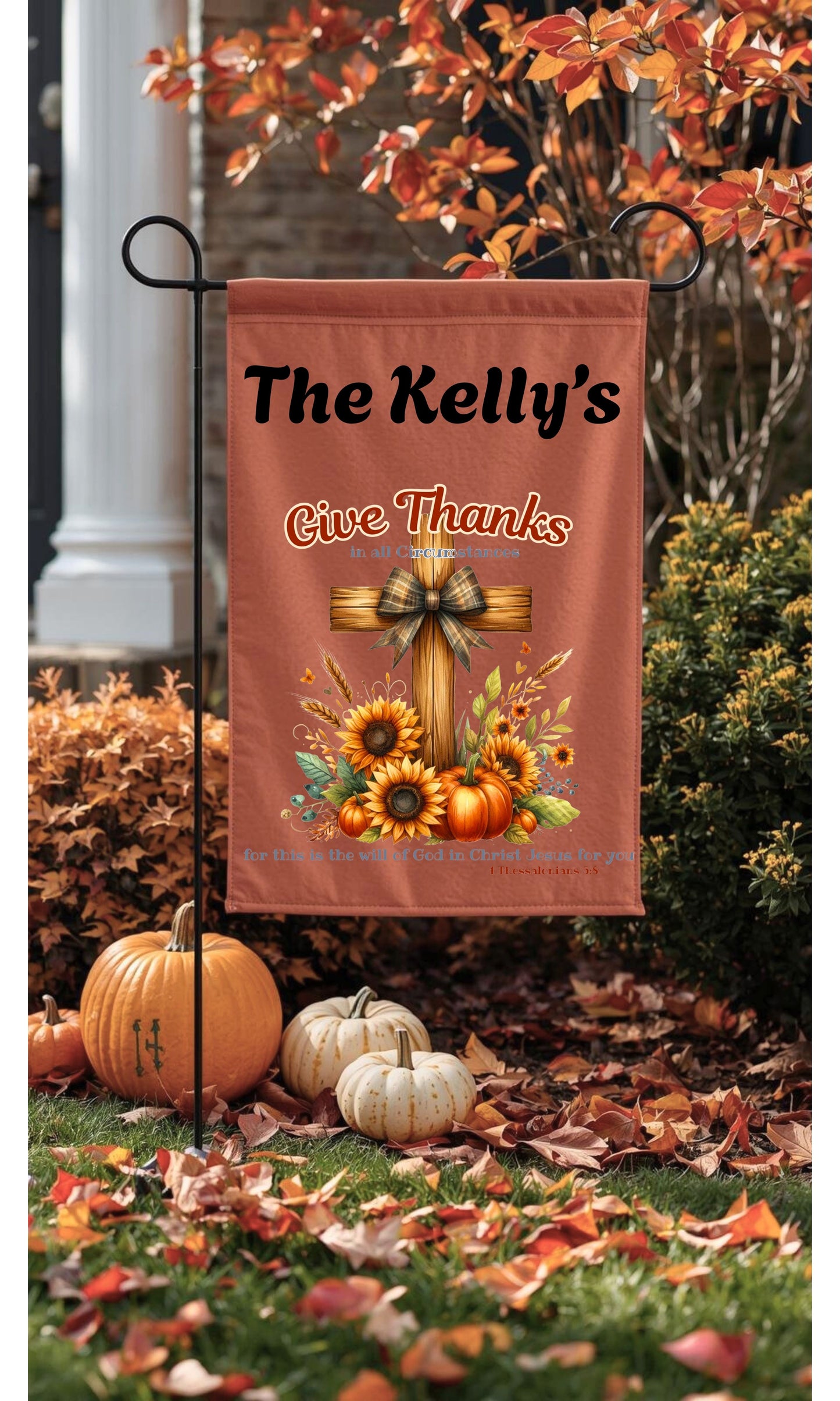 Personalized Christian Fall Garden Flag – Double Sided “Give Thanks” Scripture Flag with Cross, Sunflowers & Pumpkins (Custom Name Option)