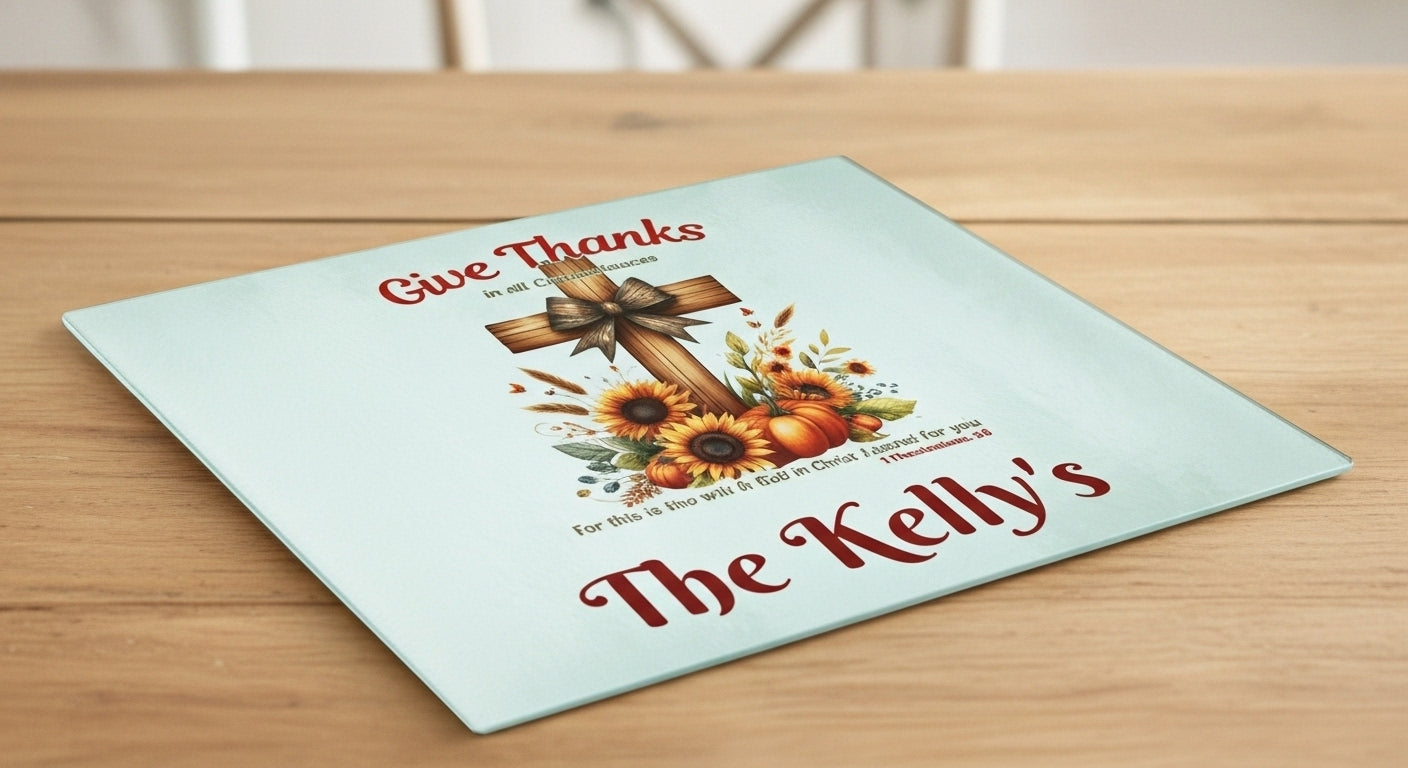 Personalized Give Thanks Glass Cutting Board 11x15 | Christian Fall Kitchen Decor | Custom Name Thanksgiving Gift | Sunflower Pumpkin Cross Design | Bible Verse 1 Thessalonians 5:18