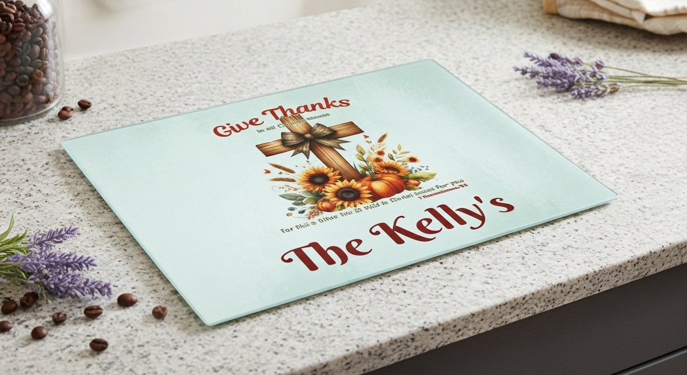 Personalized Give Thanks Glass Cutting Board 11x15 | Christian Fall Kitchen Decor | Custom Name Thanksgiving Gift | Sunflower Pumpkin Cross Design | Bible Verse 1 Thessalonians 5:18