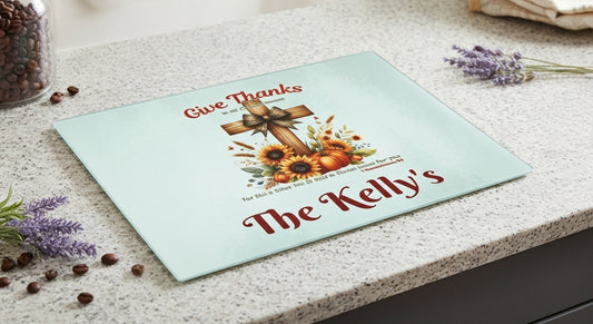 Personalized Give Thanks Glass Cutting Board 11x15 | Christian Fall Kitchen Decor | Custom Name Thanksgiving Gift | Sunflower Pumpkin Cross Design | Bible Verse 1 Thessalonians 5:18
