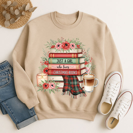 Just a Girl Who Loves Christmas Books Sweatshirt | Cozy Holiday Reading Gift | Book Lover Christmas Sweater | Gildan Unisex Crewneck
