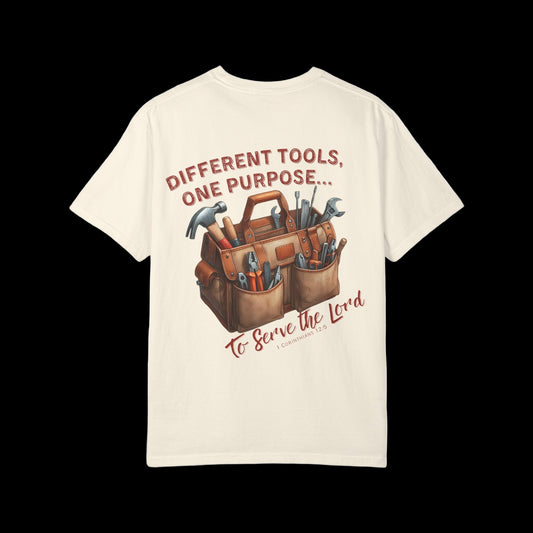 Christian T-Shirt with Equipped by God and Different Tools One Purpose scripture designs