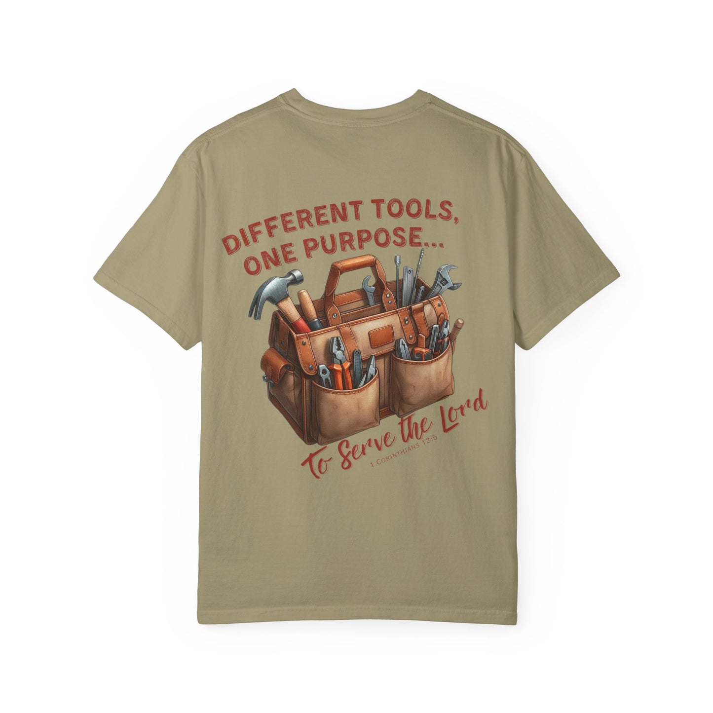 Comfort Colors Christian T-Shirt – “Different Tools, One Purpose” Bible Verse Tee (1 Corinthians 12:5)