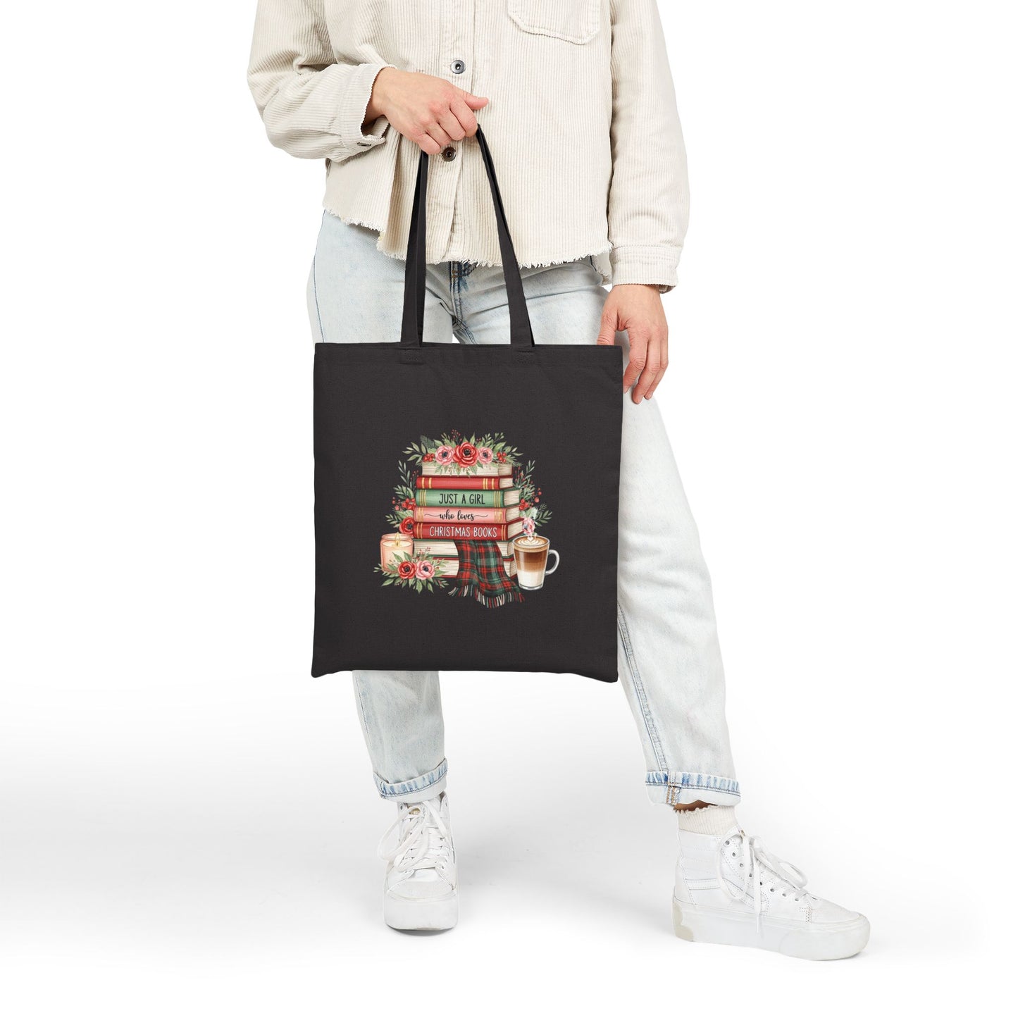 Just a Girl Who Loves Christmas Books Tote Bag | Holiday Book Lover Gift | Cozy Winter Reading Bag | Festive Literary Tote with Flowers, Candle & Coffee Design