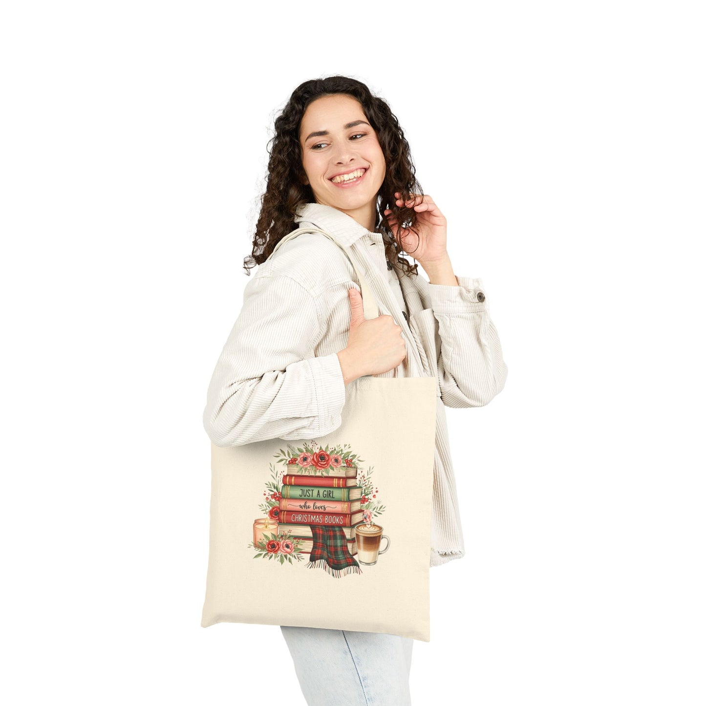 Just a Girl Who Loves Christmas Books Tote Bag | Holiday Book Lover Gift | Cozy Winter Reading Bag | Festive Literary Tote with Flowers, Candle & Coffee Design