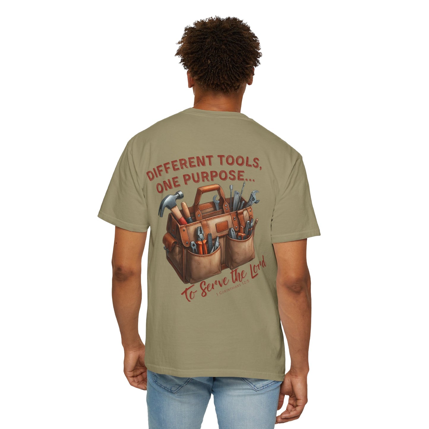 Comfort Colors Christian T-Shirt – “Different Tools, One Purpose” Bible Verse Tee (1 Corinthians 12:5)