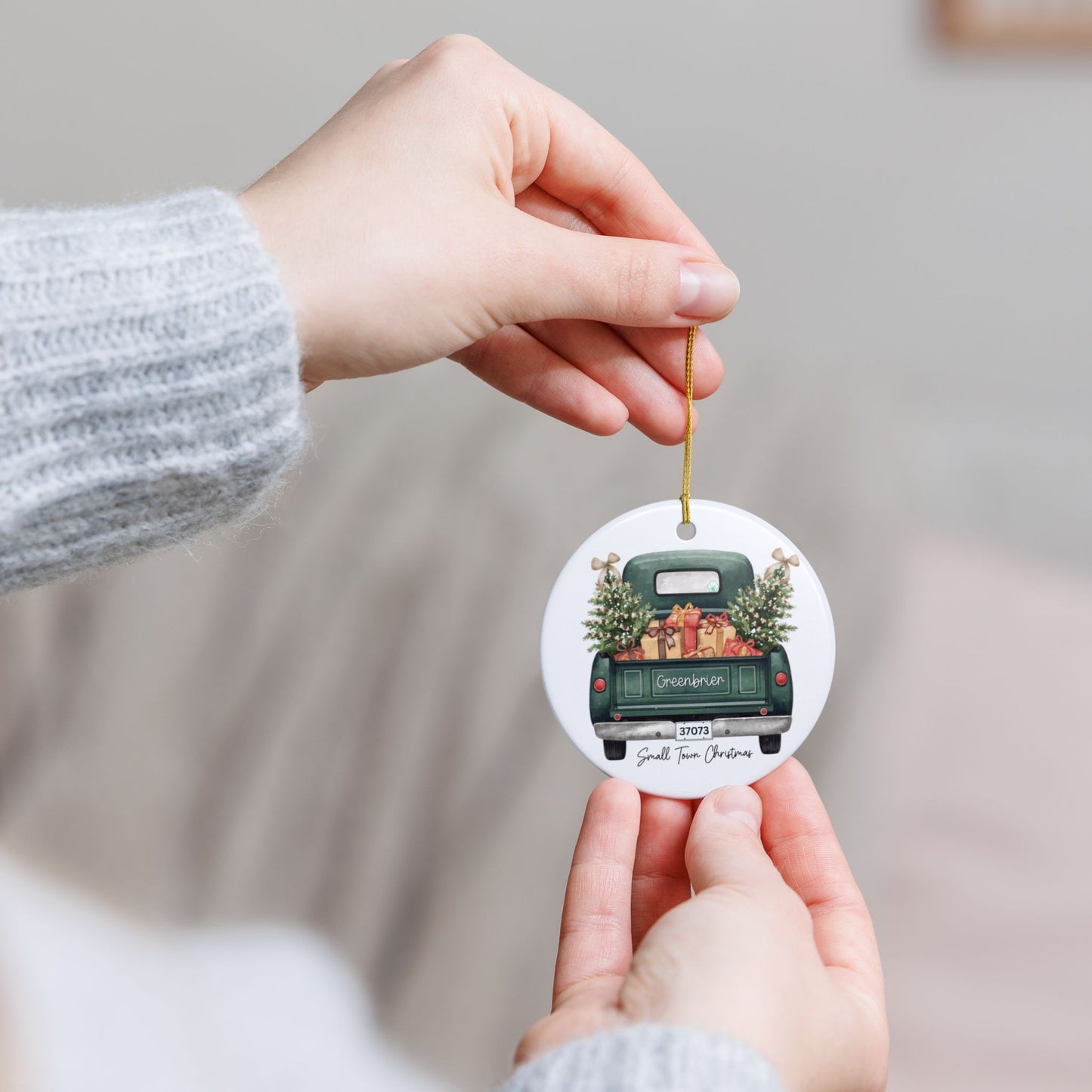 Small Town Christmas Ornament – Vintage Green Truck with Gifts & Trees | Personalized Ceramic Keepsake