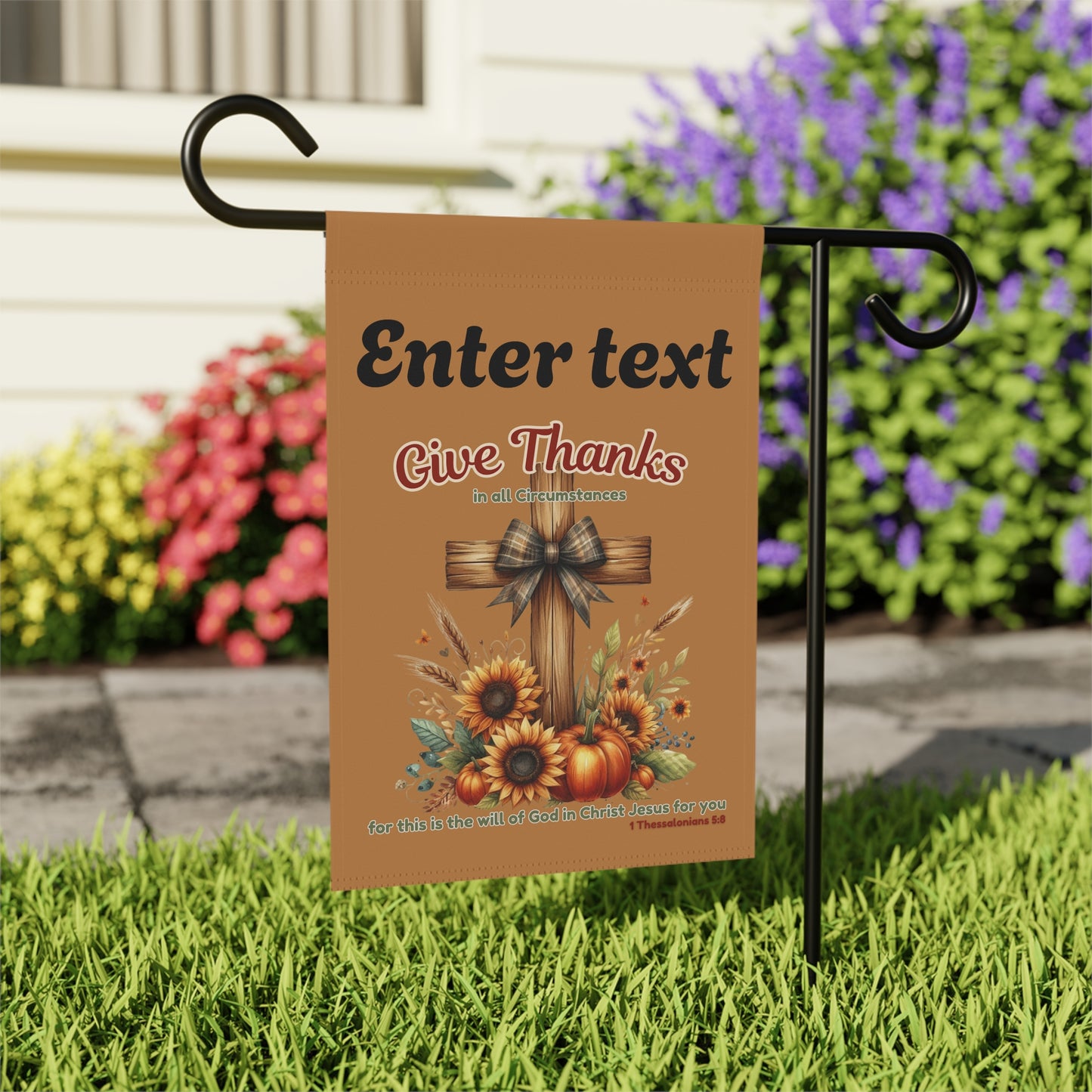 Personalized Christian Fall Garden Flag – Double Sided “Give Thanks” Scripture Flag with Cross, Sunflowers & Pumpkins (Custom Name Option)
