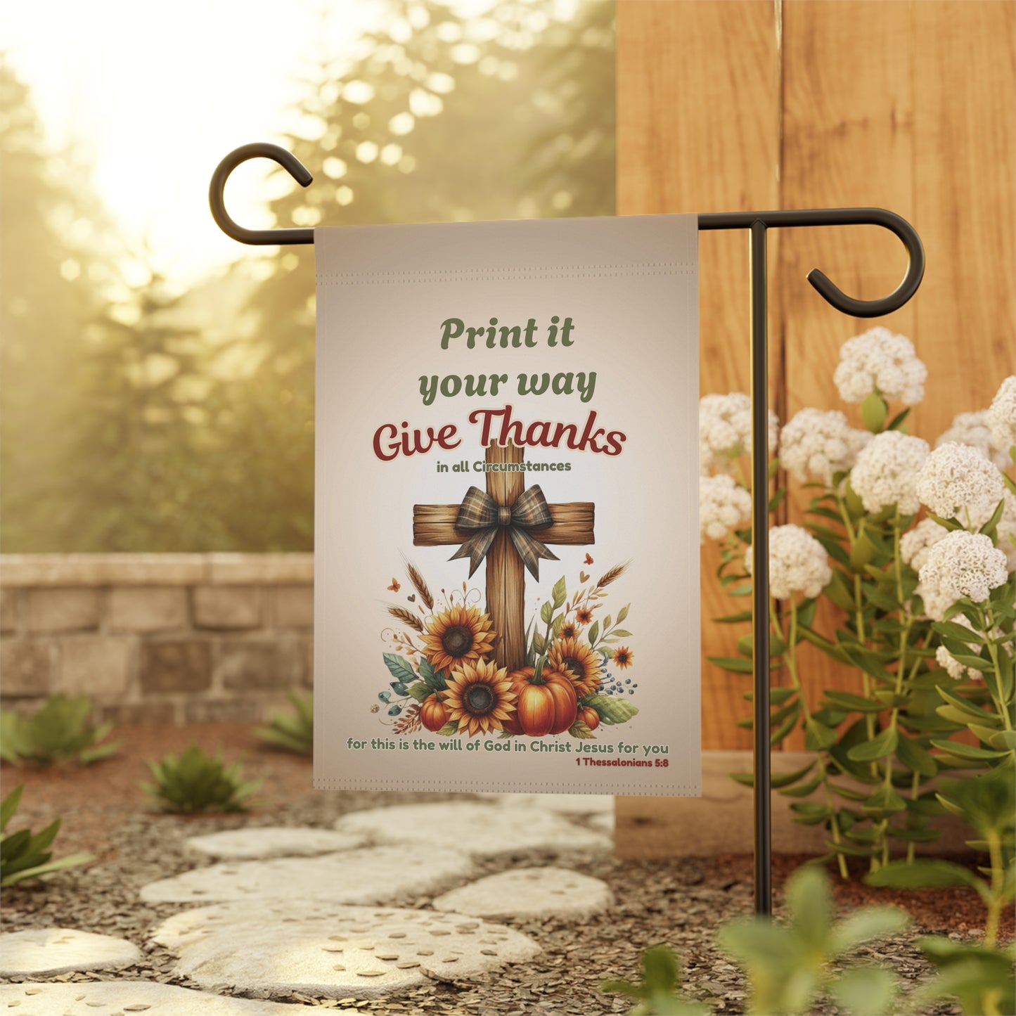Personalized Give Thanks Garden Flag | Custom Christian Bible Verse Yard Flag | Rustic Pumpkin Sunflower Faith Decor | Autumn Porch Gift