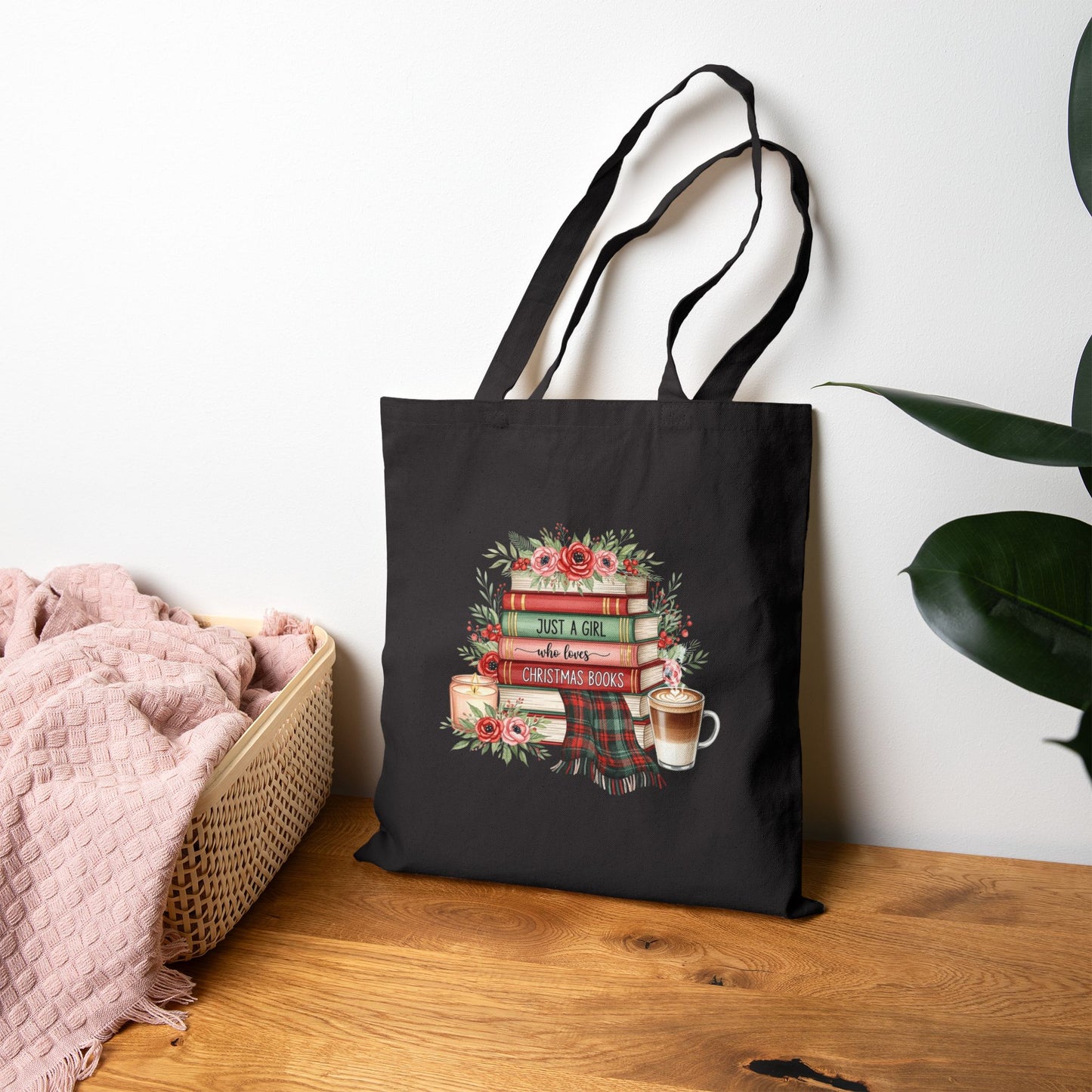 Just a Girl Who Loves Christmas Books Tote Bag | Holiday Book Lover Gift | Cozy Winter Reading Bag | Festive Literary Tote with Flowers, Candle & Coffee Design