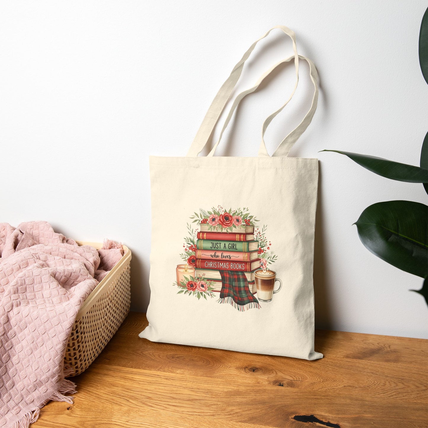 Just a Girl Who Loves Christmas Books Tote Bag | Holiday Book Lover Gift | Cozy Winter Reading Bag | Festive Literary Tote with Flowers, Candle & Coffee Design