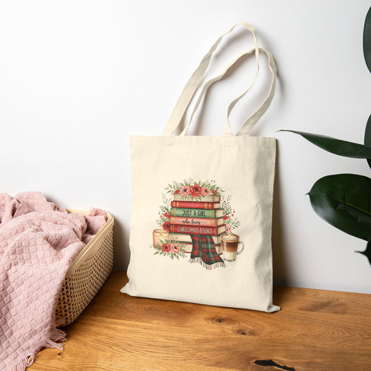 Just a Girl Who Loves Christmas Books Tote Bag | Holiday Book Lover Gift | Cozy Winter Reading Bag | Festive Literary Tote with Flowers, Candle & Coffee Design