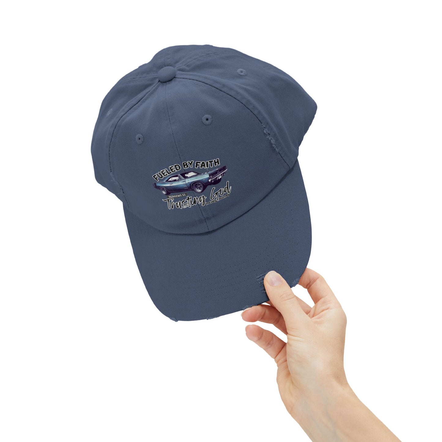 Fueled by Faith Baracuda Distressed Trucker Hat – Hebrews 11 Christian Muscle Car Cap