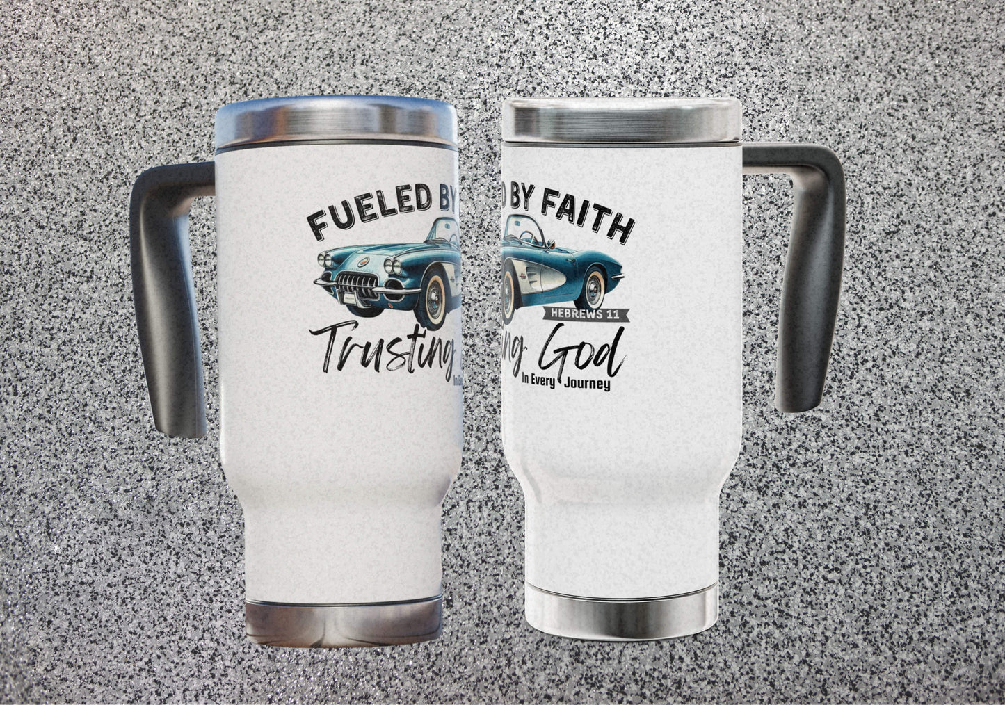 Fueled by Faith Corvette 14 oz Stainless Steel Travel Mug Hebrews 11 Christian Car Tumbler | Trusting God