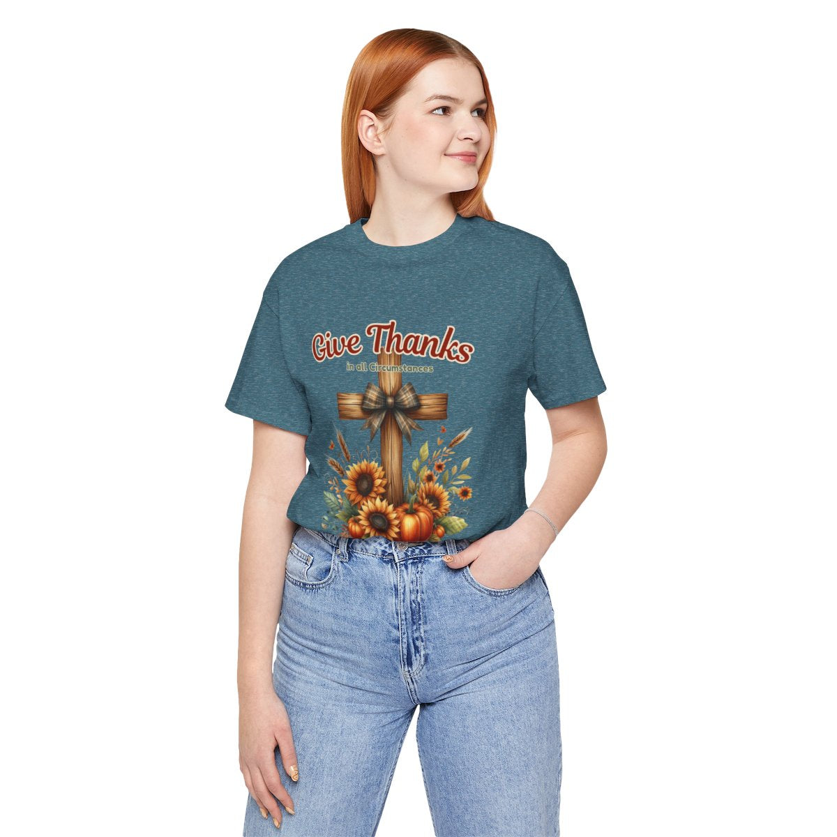 Bella + Canvas Christian Thanksgiving T-Shirt – Give Thanks Scripture Cross & Sunflowers