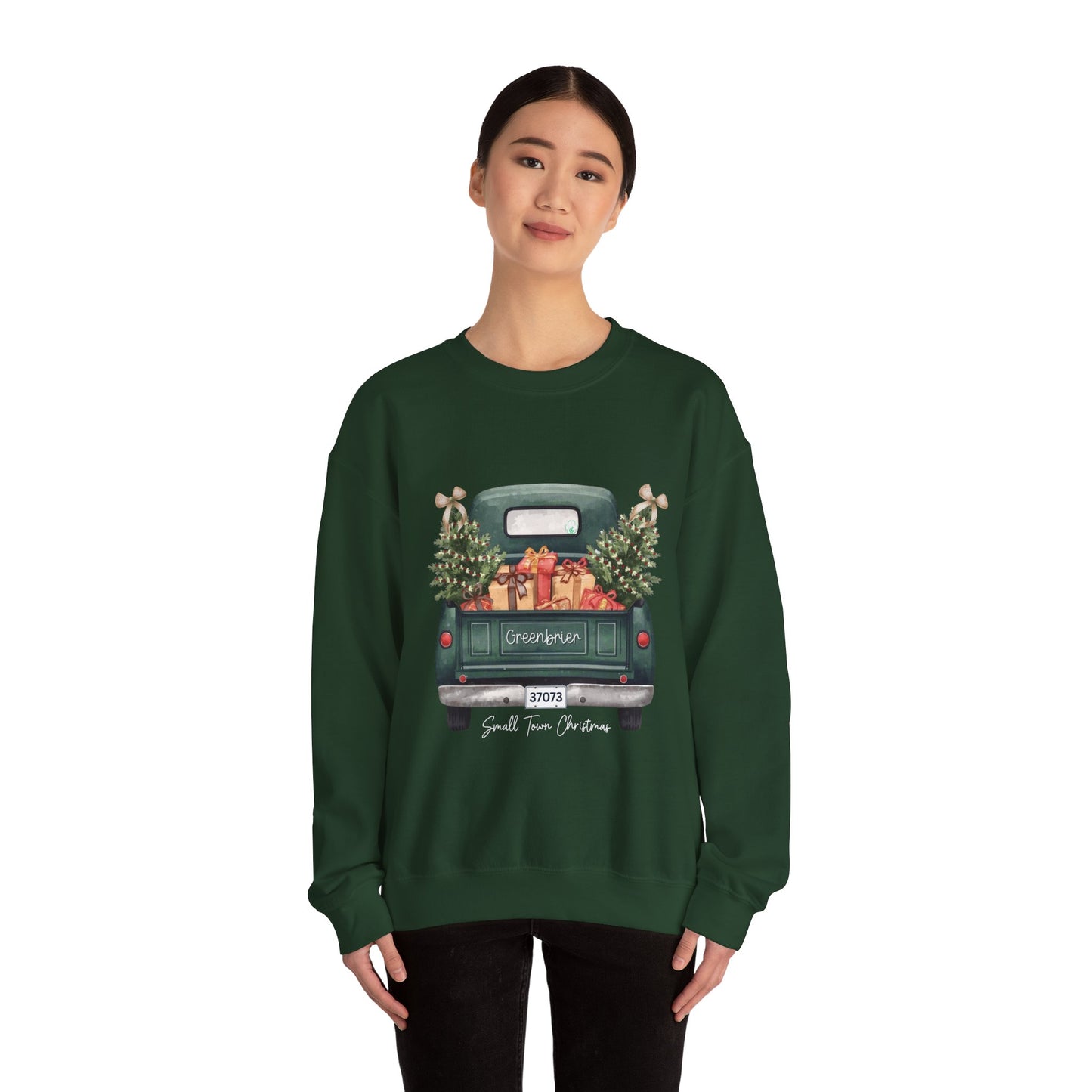 Small Town Christmas Sweatshirt – Vintage Green Truck with Gifts & Trees | Cozy Gildan 18000 Crewneck