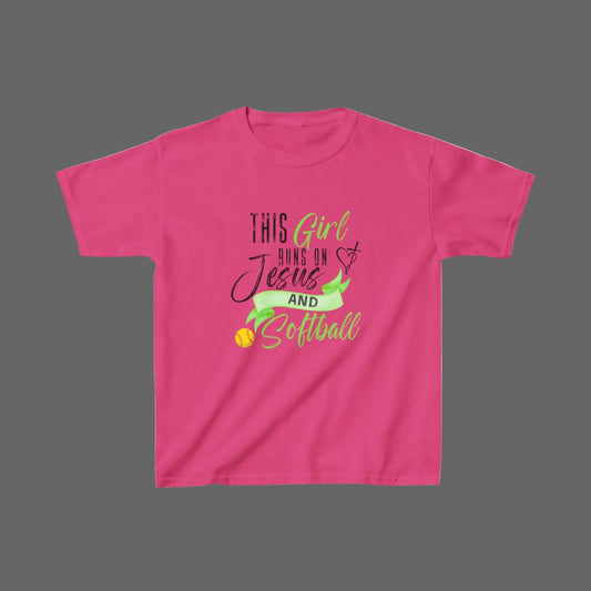 Personalized Girls Softball Shirt – This Girl Runs on Jesus & Softball | Custom Name & Number Youth Christian Tee