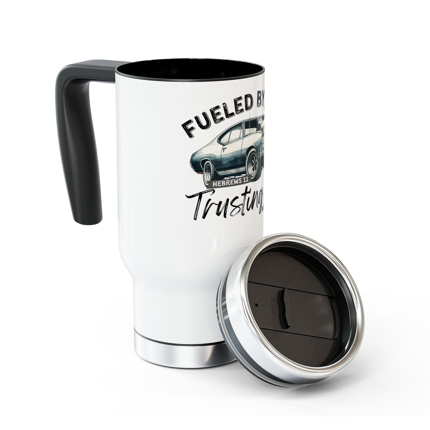 Fueled by Faith GTO 14 oz Stainless Steel Travel Mug – Hebrews 11 Christian Muscle Car Tumbler