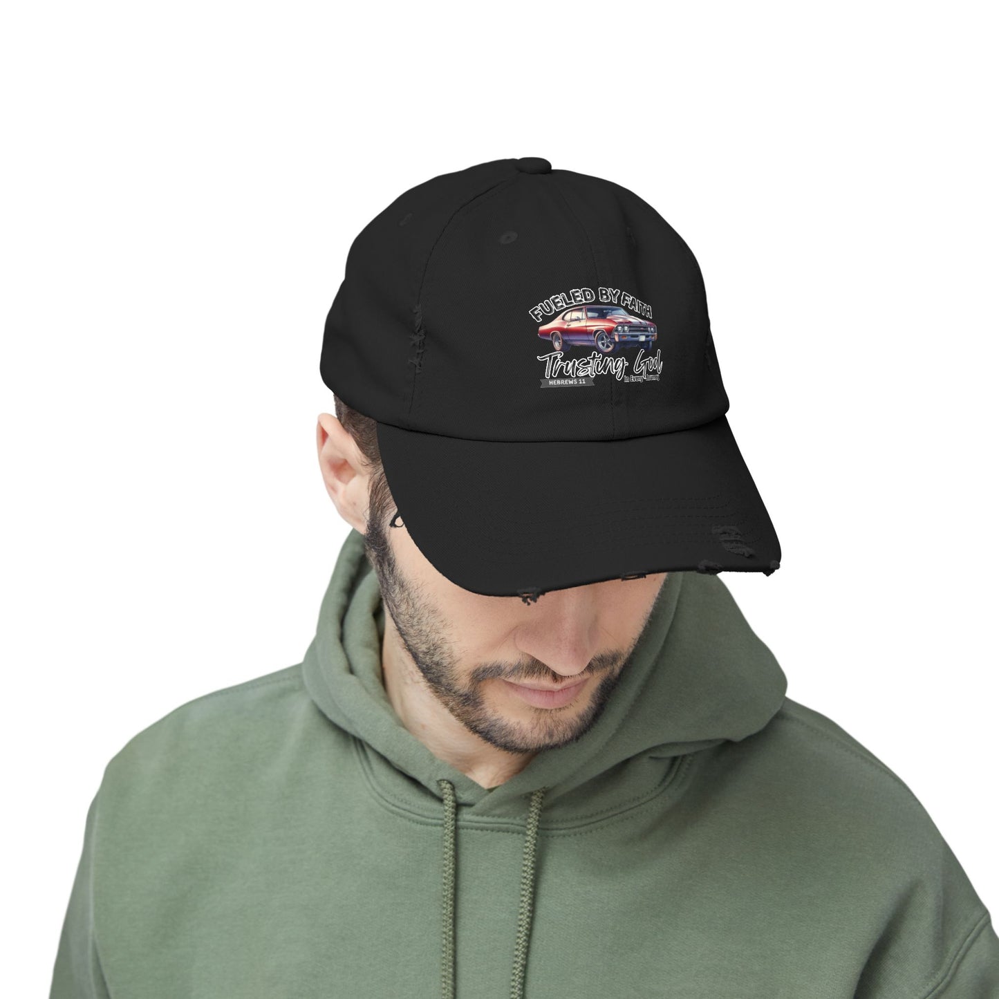 Fueled by Faith Chevelle Distressed Trucker Hat – Hebrews 11 Christian Muscle Car Cap