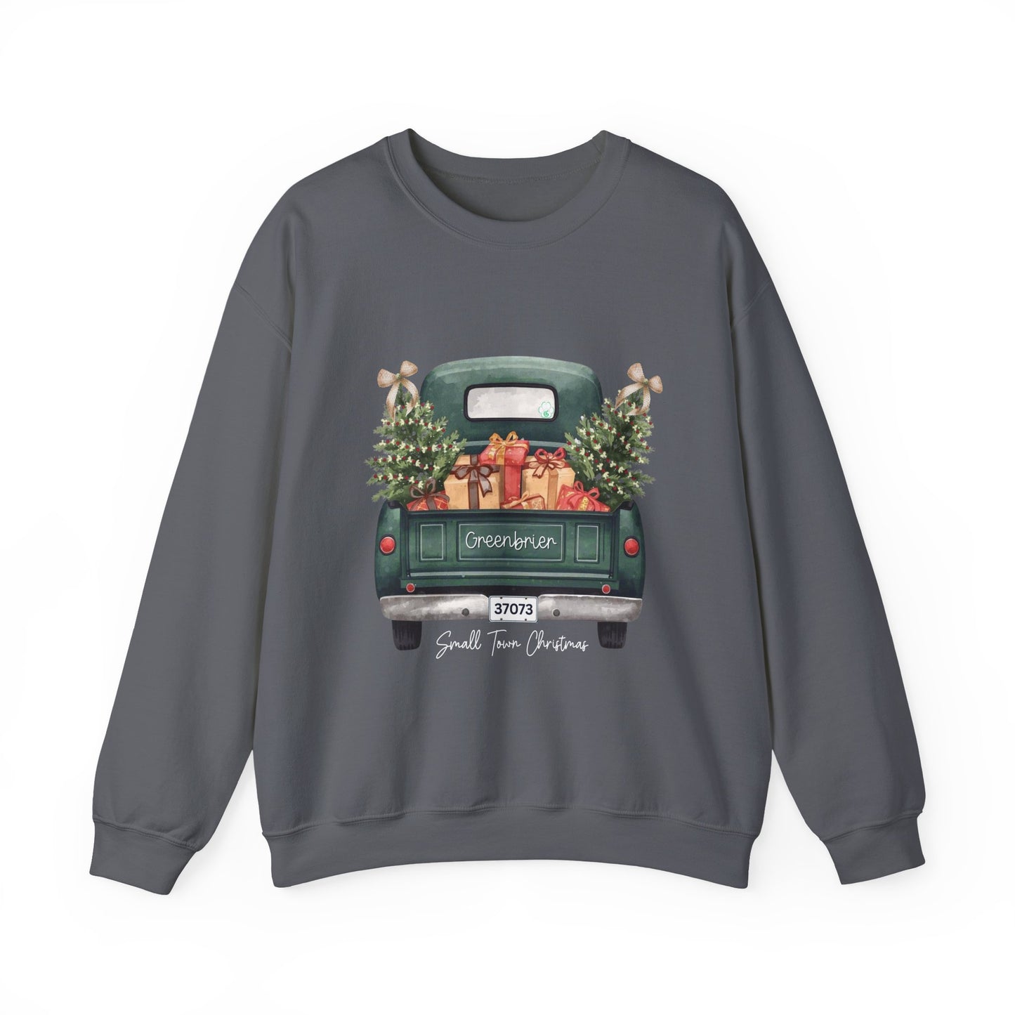 Small Town Christmas Sweatshirt – Vintage Green Truck with Gifts & Trees | Cozy Gildan 18000 Crewneck