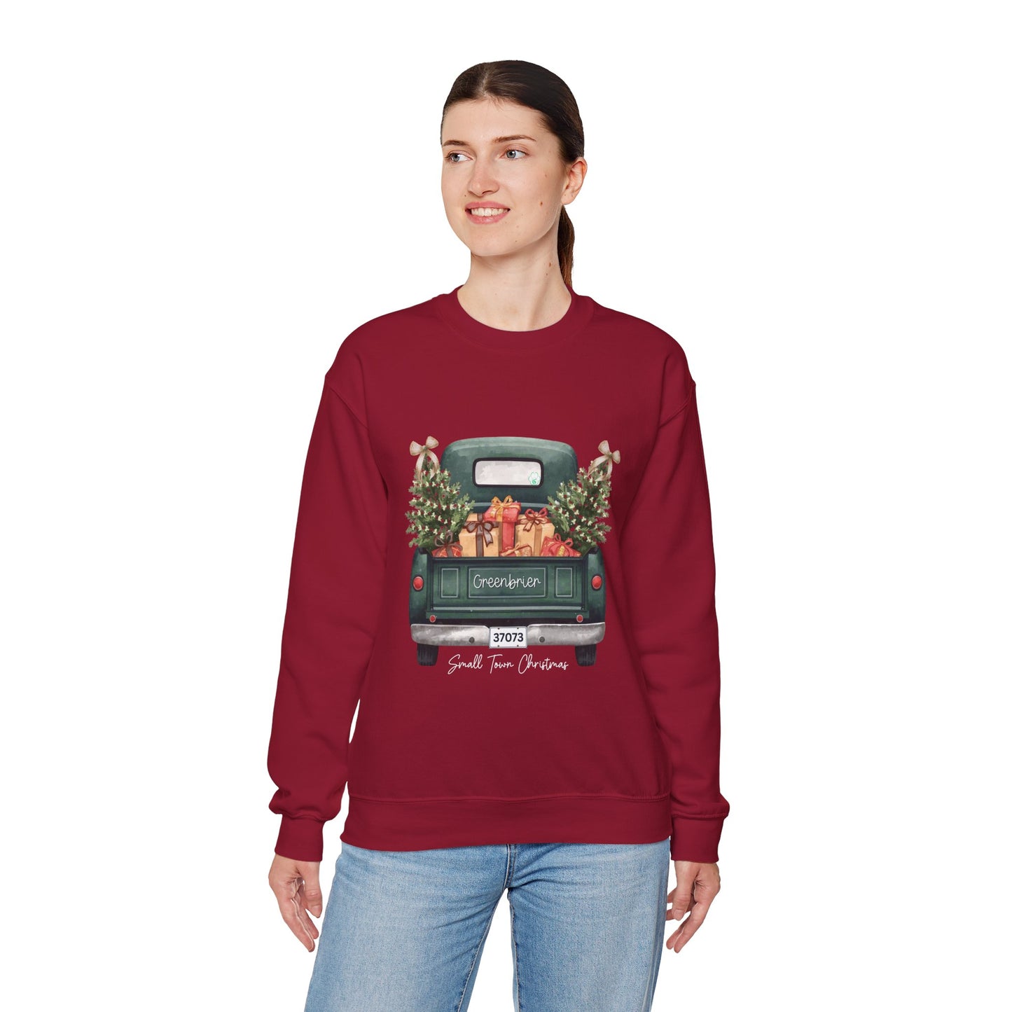 Small Town Christmas Sweatshirt – Vintage Green Truck with Gifts & Trees | Cozy Gildan 18000 Crewneck