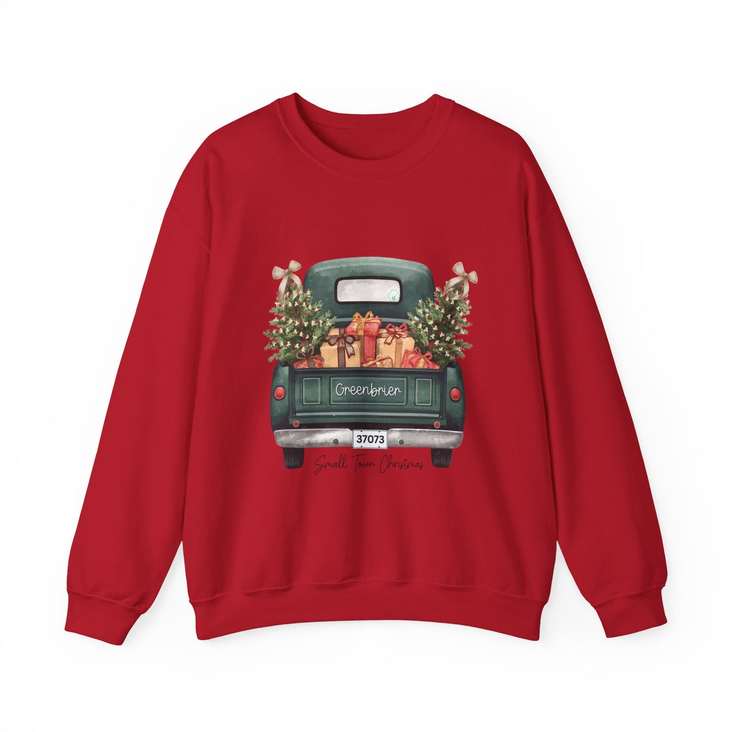 Small Town Christmas Sweatshirt – Vintage Green Truck with Gifts & Trees | Cozy Gildan 18000 Crewneck