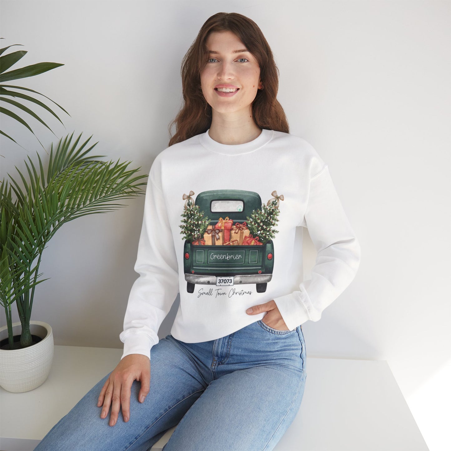 Small Town Christmas Sweatshirt – Vintage Green Truck with Gifts & Trees | Cozy Gildan 18000 Crewneck