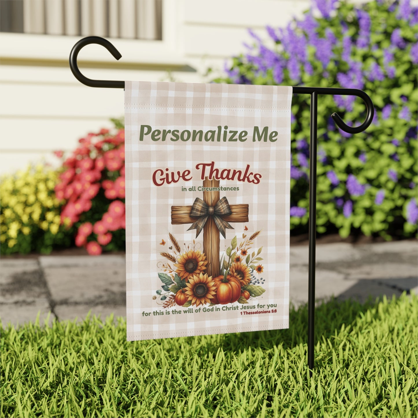 Give Thanks Personalized Garden Flag – Christian Fall Flag with Cross, Sunflowers & Pumpkins | Also in 24.5×32" House Flag Size