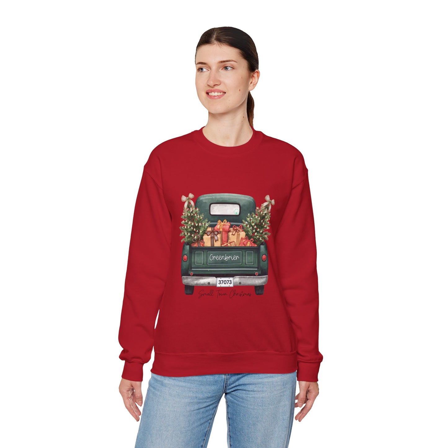 Small Town Christmas Sweatshirt – Vintage Green Truck with Gifts & Trees | Cozy Gildan 18000 Crewneck