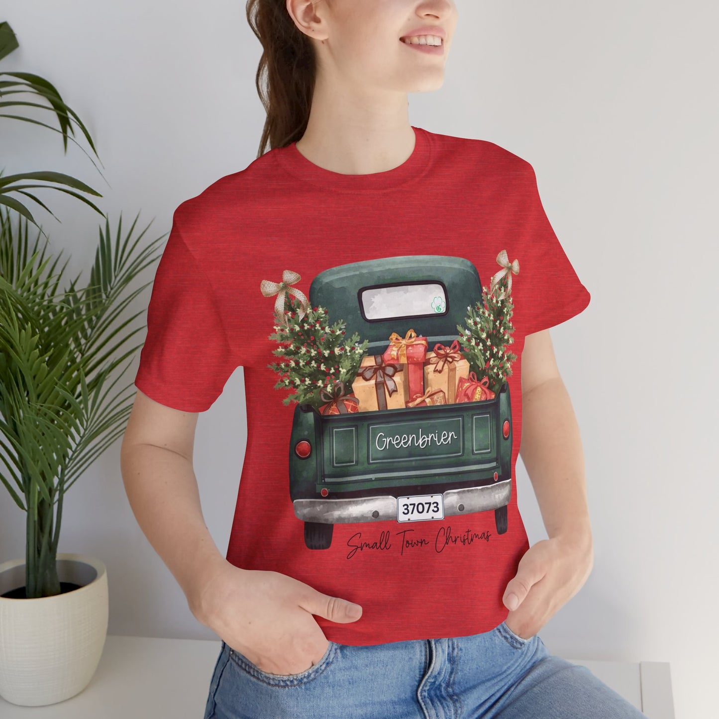 Small Town Christmas T-Shirt – Vintage Green Truck with Gifts & Trees | Personalized Bella Canvas Unisex Tee