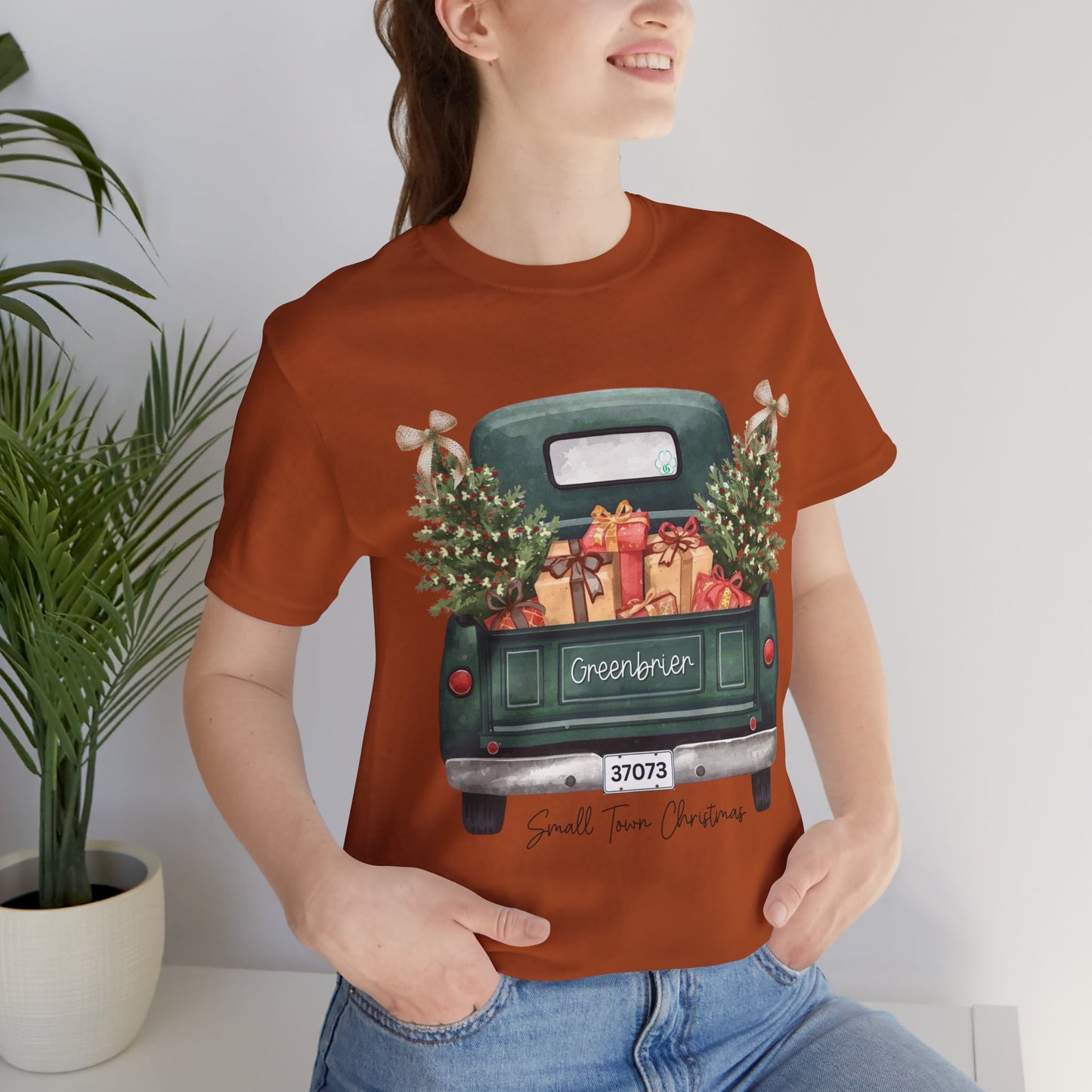 Small Town Christmas T-Shirt – Vintage Green Truck with Gifts & Trees | Personalized Bella Canvas Unisex Tee