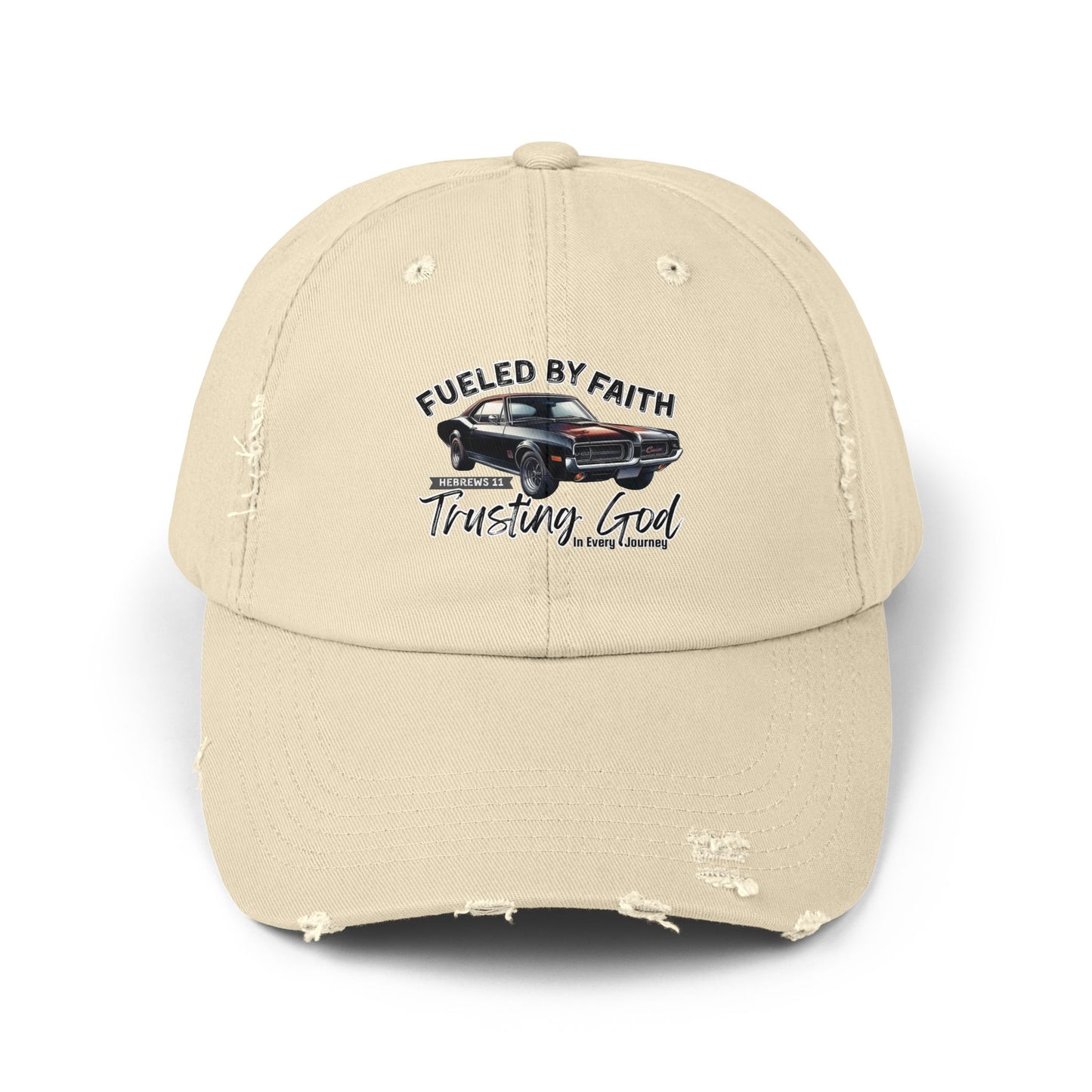 Fueled by Faith Cougar Distressed Trucker Hat – Hebrews 11 Christian Muscle Car Cap