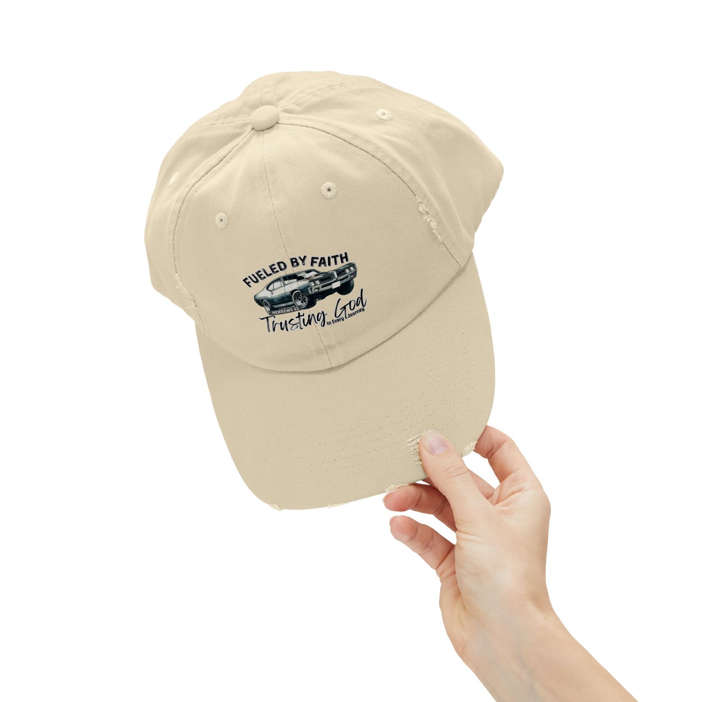Fueled by Faith GTO Distressed Trucker Hat – Hebrews 11 Christian Muscle Car Cap