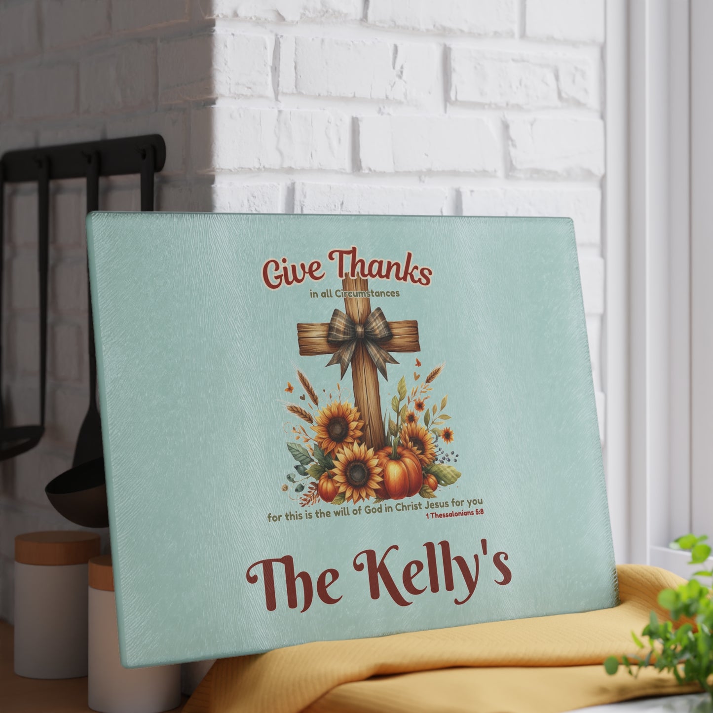 Personalized Give Thanks Glass Cutting Board 11x15 | Christian Fall Kitchen Decor | Custom Name Thanksgiving Gift | Sunflower Pumpkin Cross Design | Bible Verse 1 Thessalonians 5:18