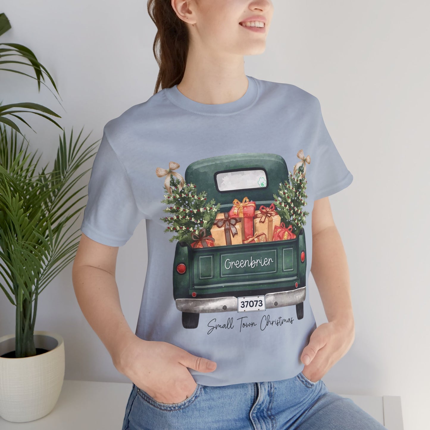 Small Town Christmas T-Shirt – Vintage Green Truck with Gifts & Trees | Personalized Bella Canvas Unisex Tee