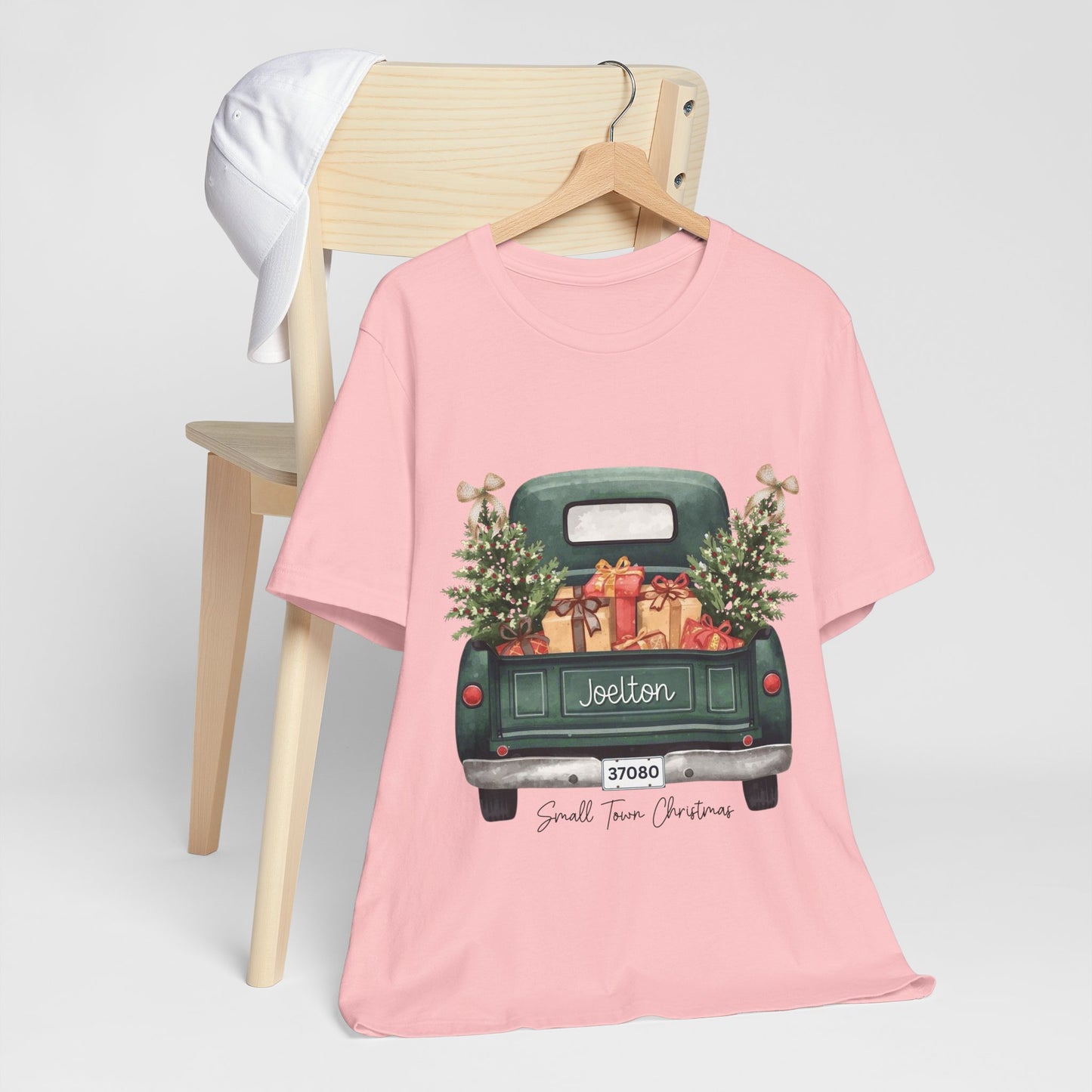 Small Town Christmas T-Shirt – Vintage Green Truck with Gifts & Trees | Personalized Bella Canvas Unisex Tee
