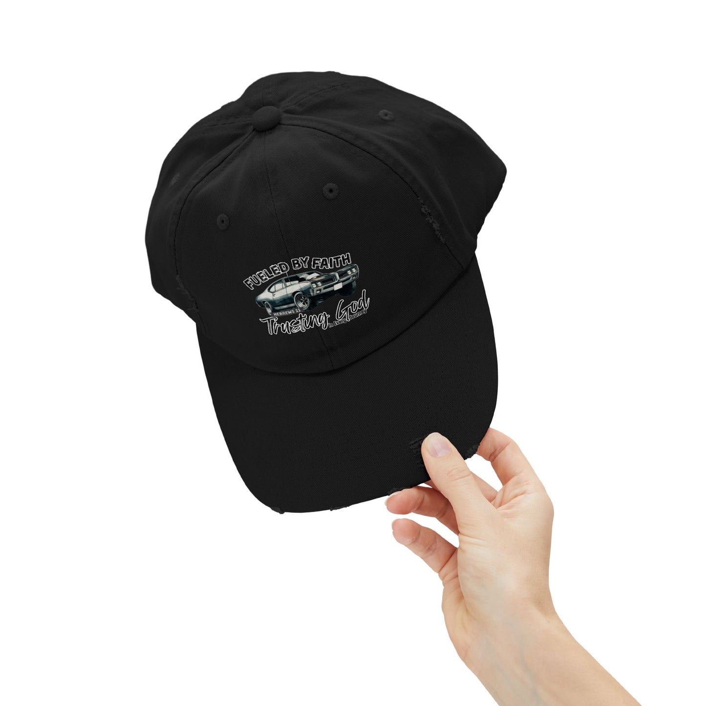 Fueled by Faith GTO Distressed Trucker Hat – Hebrews 11 Christian Muscle Car Cap