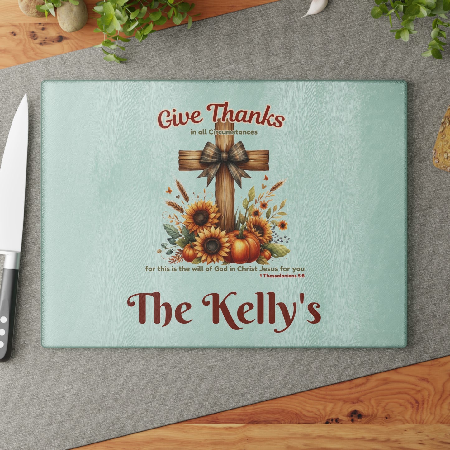 Personalized Give Thanks Glass Cutting Board 11x15 | Christian Fall Kitchen Decor | Custom Name Thanksgiving Gift | Sunflower Pumpkin Cross Design | Bible Verse 1 Thessalonians 5:18