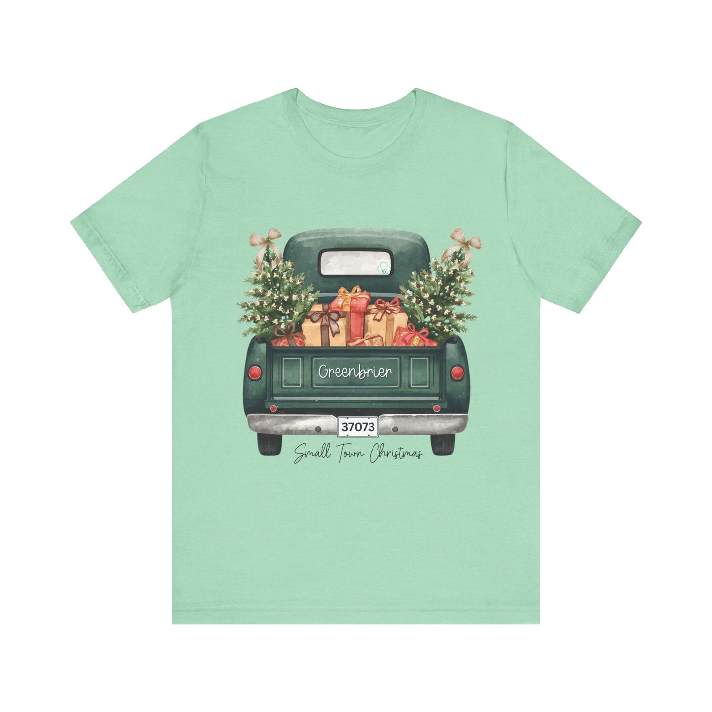 Small Town Christmas T-Shirt – Vintage Green Truck with Gifts & Trees | Personalized Bella Canvas Unisex Tee